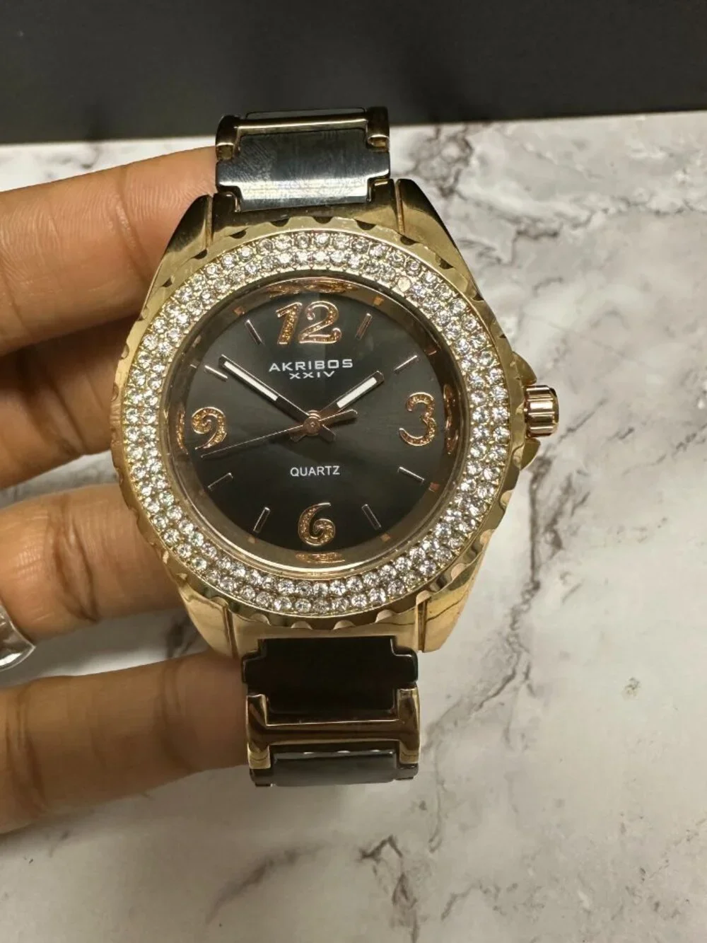 Akribos XXIV Watch Women Rose Gold Tone Black AK514RG New Battery 6.75